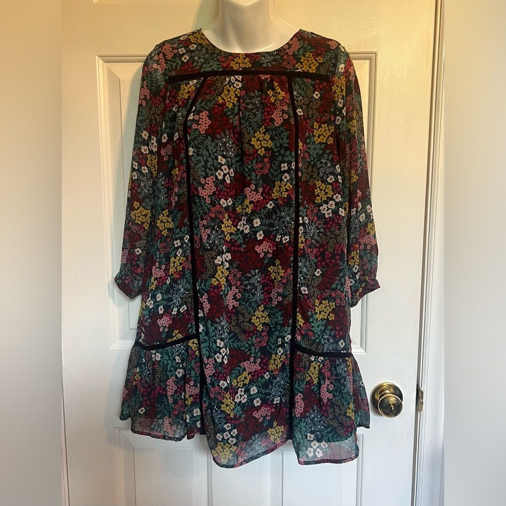 Ann Taylor LOFT Floral Dress Womens XSP Green Long Sleeve Knee Length Petite